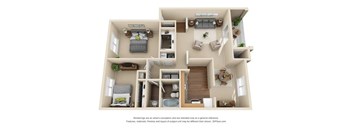 A 3D floor plan of a house with a kitchen, living room, and bedrooms.