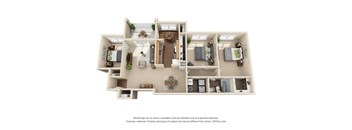 A 3D floor plan of a house with a living room, kitchen, dining room, and bedrooms.