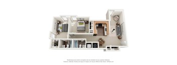A 3D floor plan of a small apartment with two bedrooms, a living room, and a kitchen.