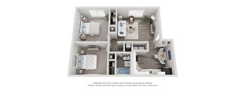 A 3D floor plan of a small apartment with two bedrooms, a living room, and a kitchen.
