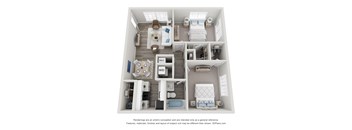 A 3D floor plan of a small apartment with a kitchen, living room, and bedroom.