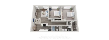A 3D floor plan of a house with two bedrooms, a living room, a kitchen, and a bathroom.