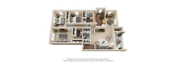 A 3D floor plan of a house with multiple rooms and furniture.