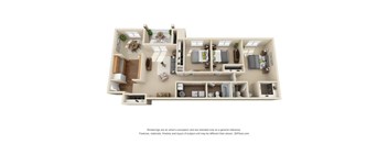 A 3D floor plan of a house with a kitchen, living room, and bathroom.