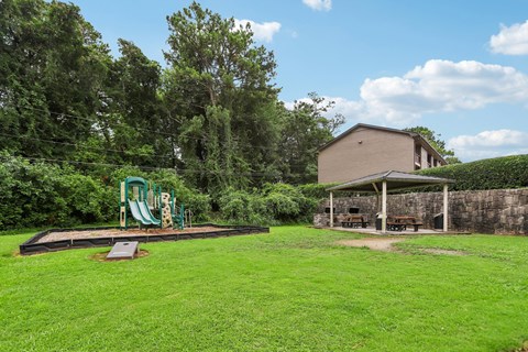 A backyard with a playground and a house.