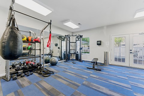 A gym with a punching bag, weights, and exercise equipment.