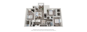 A 3D floor plan of a house with a kitchen, living room, and two bedrooms.