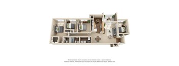 A 3D floor plan of a house with a kitchen, living room, and bedrooms.