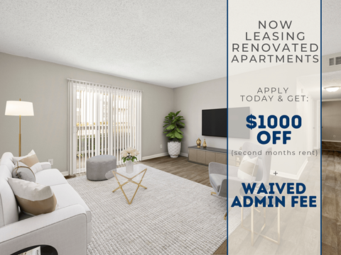 A modern living room with a leasing offer for renovated apartments.