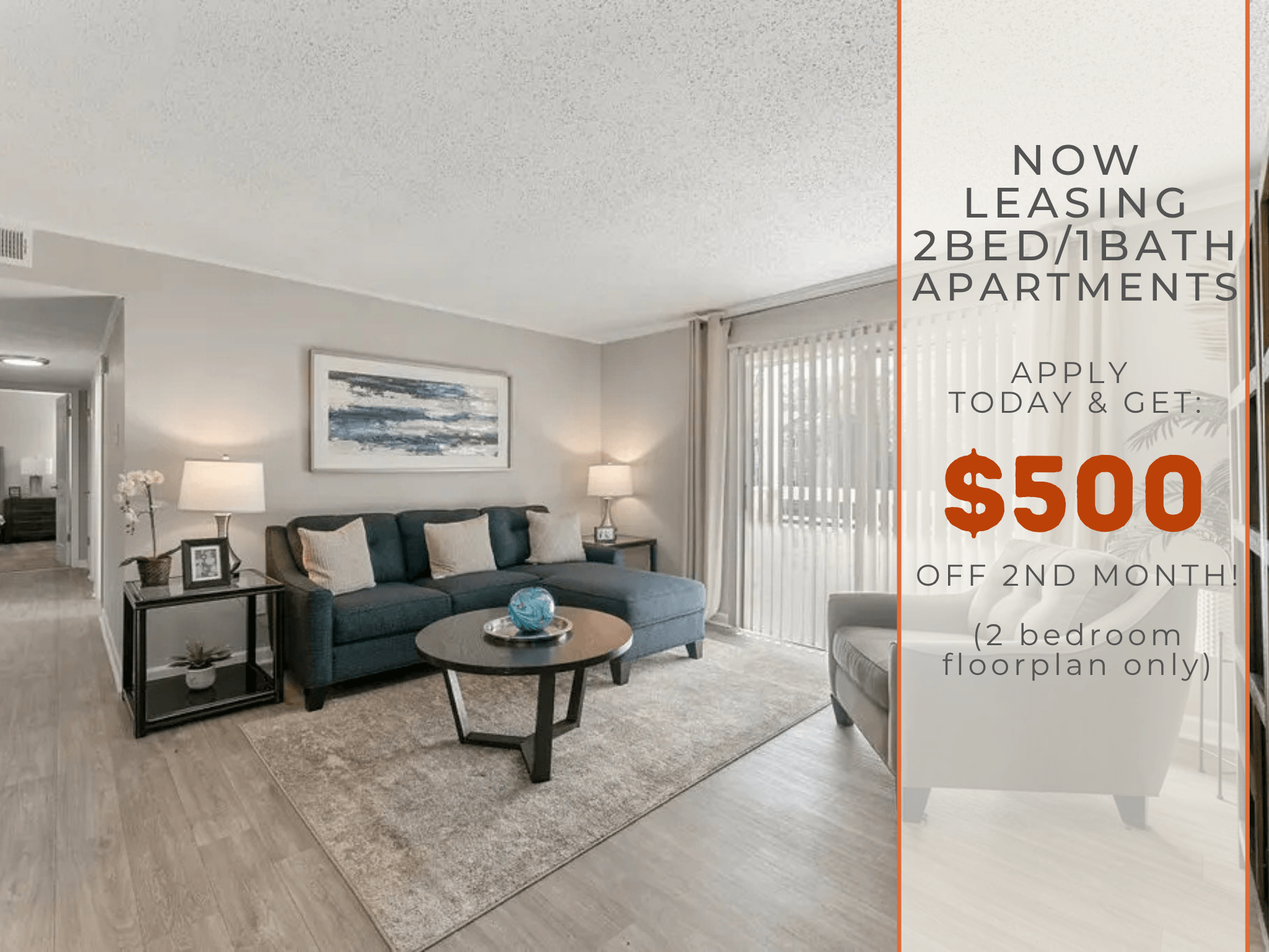 A living room with a sofa, two chairs, and a coffee table is on sale for $500 off the second month.