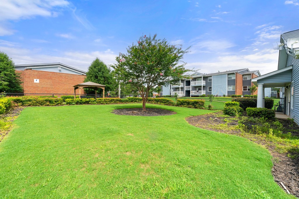 Lush landscaping and gazebo at 445 Cleveland in Atlanta , Georgia 30354