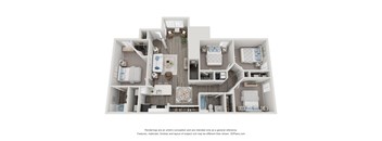 A 3D floor plan of a house with a kitchen, living room, and two bedrooms.