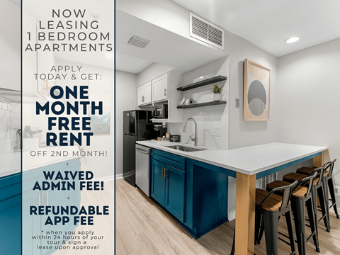 A poster advertising a one bedroom apartment for rent with a one month free rent offer.