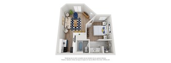A 3D floor plan of a small apartment with a kitchen, living room, and bathroom.