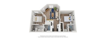 A 3D rendering of a modern house layout with a kitchen, living room, and two bedrooms.