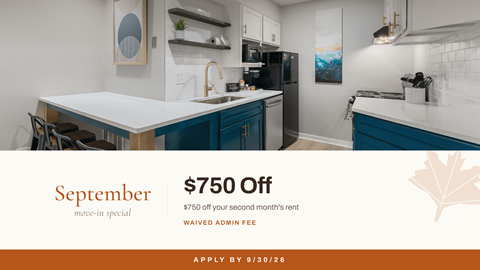 A kitchen with a September move-in special offer.