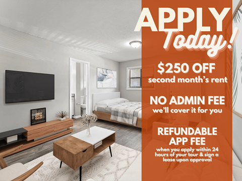 A room with a bed, a table, and a TV, with an advertisement for a $250 off second month's rent.