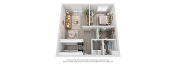 A 3D floor plan of a small apartment with a living room, kitchen, and bathroom.