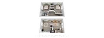 A 3D floor plan of a small apartment with two bedrooms, a living room, and a kitchen.