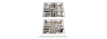 A 3D floor plan of a two-bedroom apartment with a living room, kitchen, and bathroom.