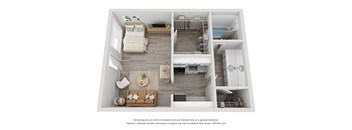 A 3D floor plan of a small apartment with a living room, kitchen, and bedroom.