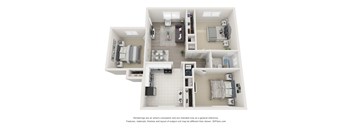 A 3D floor plan of a small apartment with a kitchen, living room, and bedroom.