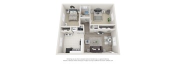 A 3D floor plan of a small apartment with a kitchen, living room, and two bedrooms.