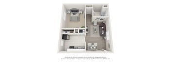 A 3D floor plan of a small apartment with a kitchen, living room, and two bedrooms.