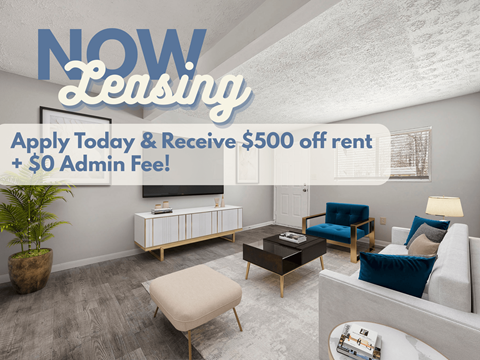 A living room with a leasing offer.