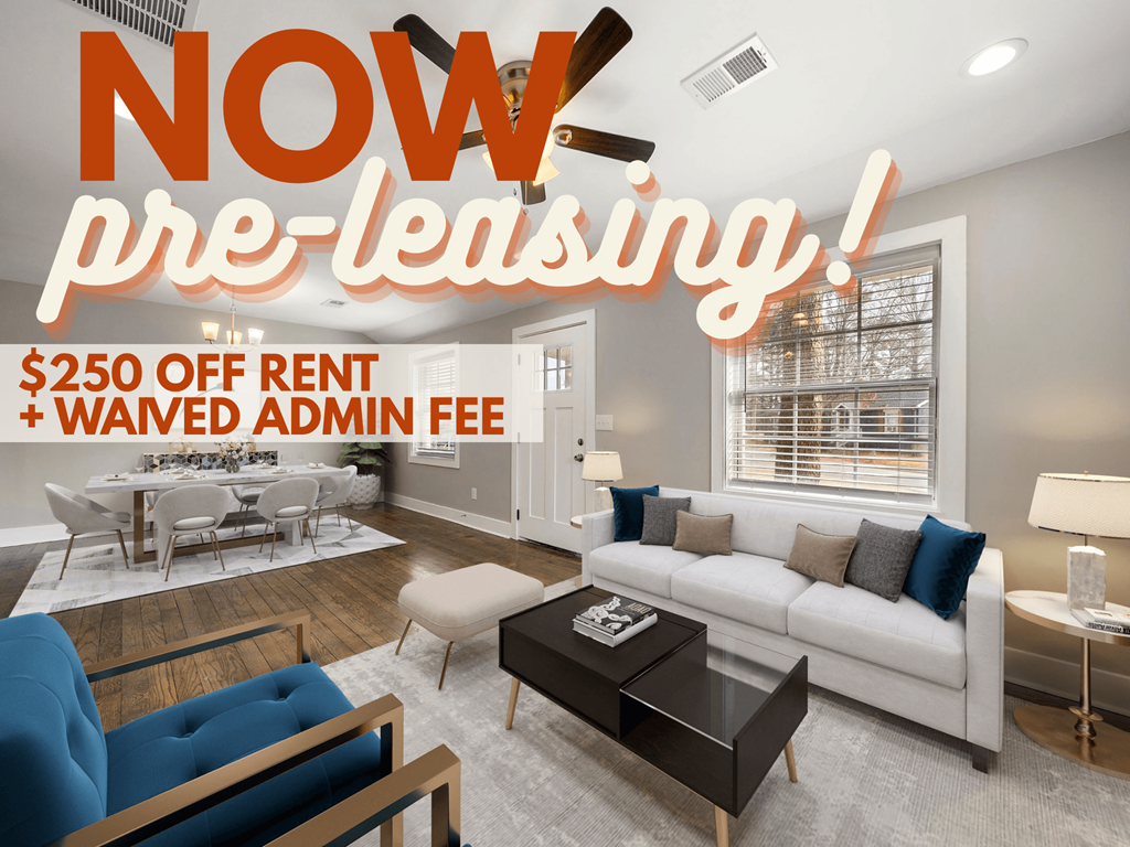 A living room with a sign offering $250 off rent and waived admin fee for pre-leasing.
