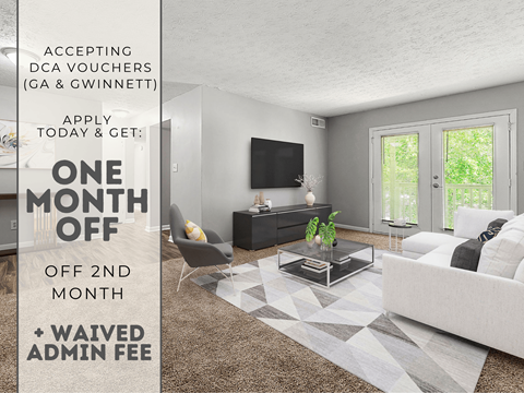 A room with a sofa, a chair, a coffee table, and a flat-screen TV is advertised for rent.