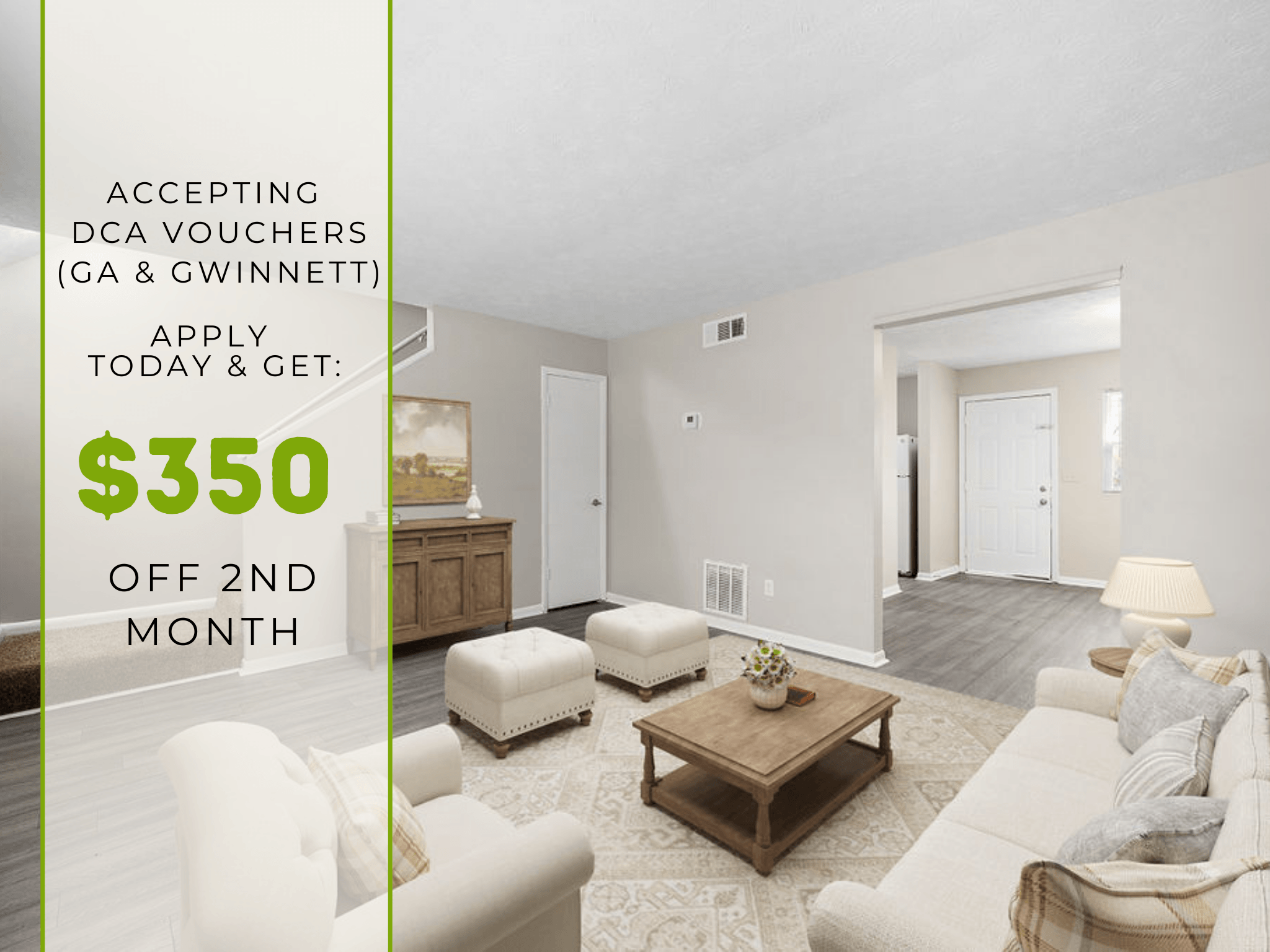 A living room with a coffee table and two chairs is shown with text offering a $350 discount for accepting DCA vouchers.