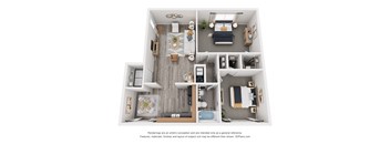 A 3D floor plan of a small apartment with a kitchen, living room, and bathroom.