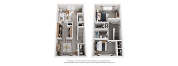 Two images of a floor plan of a house with a kitchen, living room, and bedrooms.