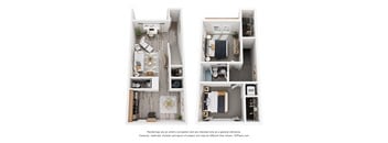 A 3D floor plan of a small apartment with a living room, kitchen, and bedroom.