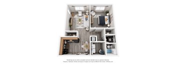 A 3D floor plan of a small apartment with a kitchen, living room, and bathroom.