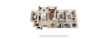 A 3D floor plan of a house with a living room, kitchen, dining room, and bedrooms.