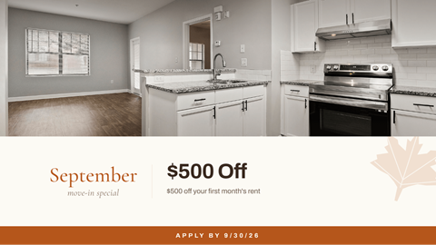 A kitchen interior with a promotion for September move-in special offering $500 off the first month's rent.