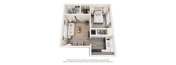 A top down view of a small apartment with a kitchen, living room, and bedroom.