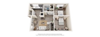 A 3D floor plan of a small apartment with a kitchen, living room, bedroom, and bathroom.