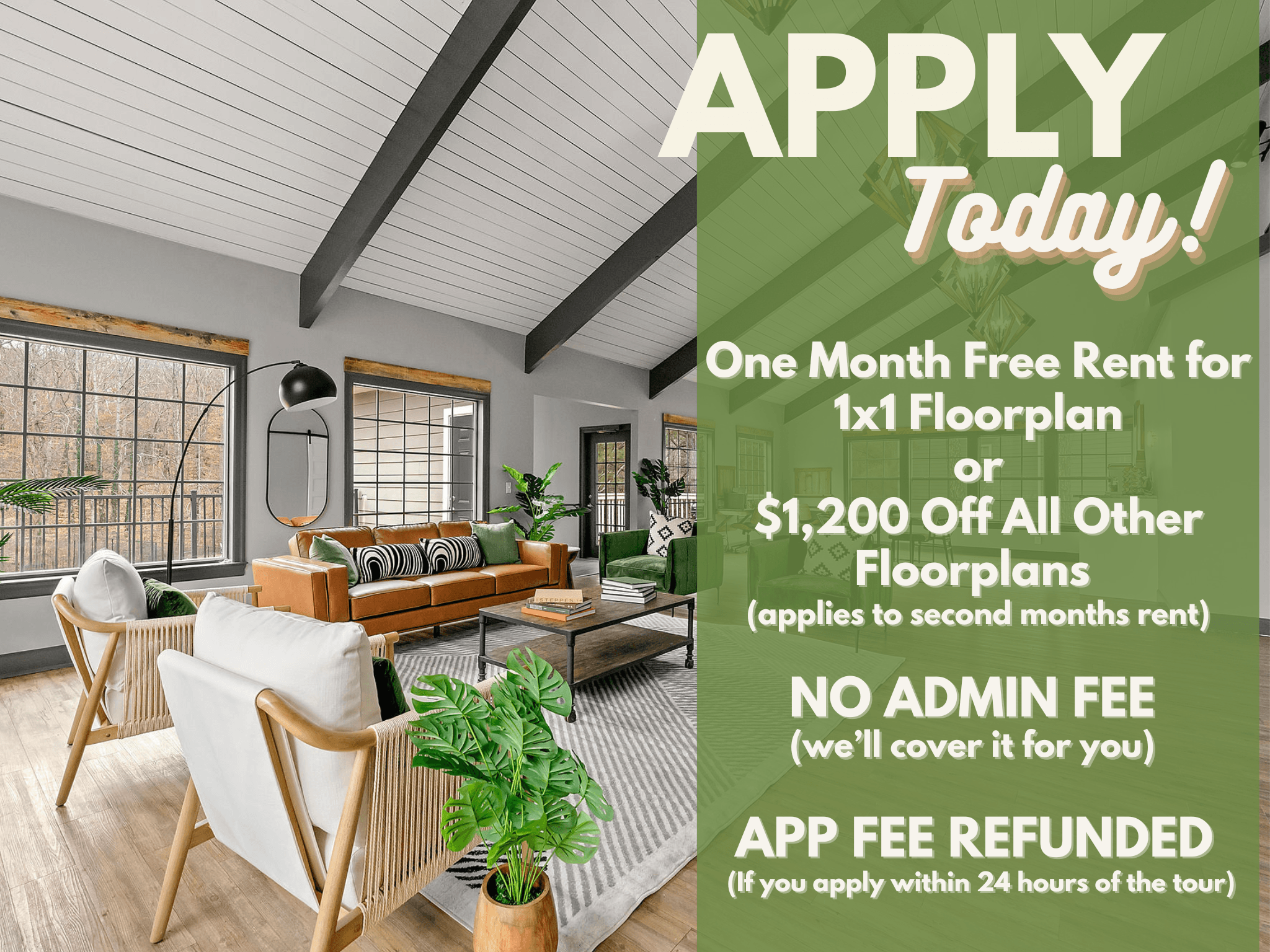 A promotional image for a free rent offer for the first month on a floorplan, with additional discounts and fee refunds.