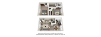 a stylized floor plan with a bedroom and a living room