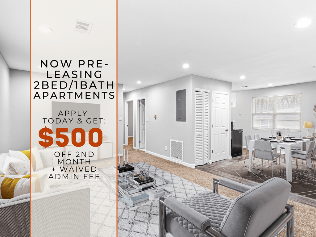 A modern living room with a dining area and kitchenette is on sale for $500 off the second month's rent.