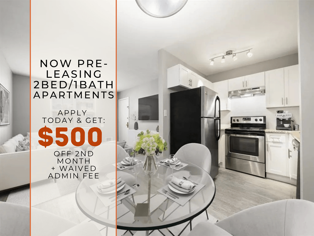 A modern kitchen and dining area in a 2 bedroom apartment.