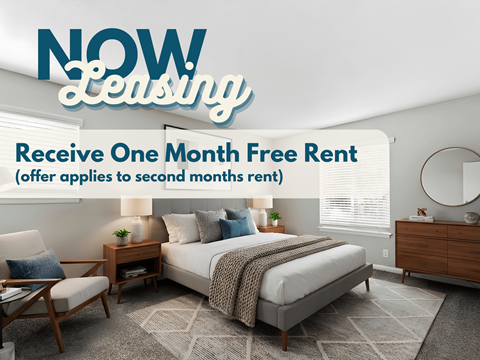 A bedroom with a bed, chair, and nightstand is shown with the text "NOW Leasing" and "Receive One Month Free Rent".
