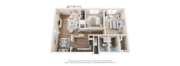 A 3D floor plan of a small apartment with a kitchen, living room, and bathroom.