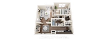 A 3D floor plan of a small apartment with a kitchen, living room, and bathroom.