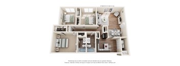 A 3D floor plan of a house with a kitchen, living room, and two bedrooms.