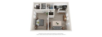 A 3D floor plan of a house with a living room, kitchen, and two bedrooms.