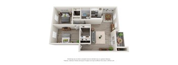 A 3D floor plan of a house with two bedrooms, a living room, a kitchen, and a bathroom.